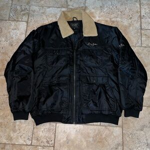 Men's Black Bomber Jacket with Tan Collar